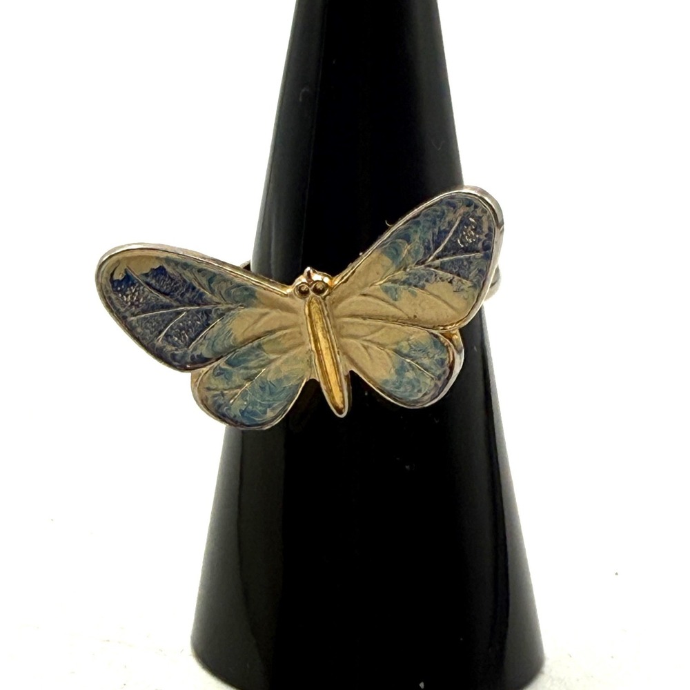 Vintage Butterfly Enamel Ring Two Tone Blue Yellow Wings Size 6.25 Jewelry